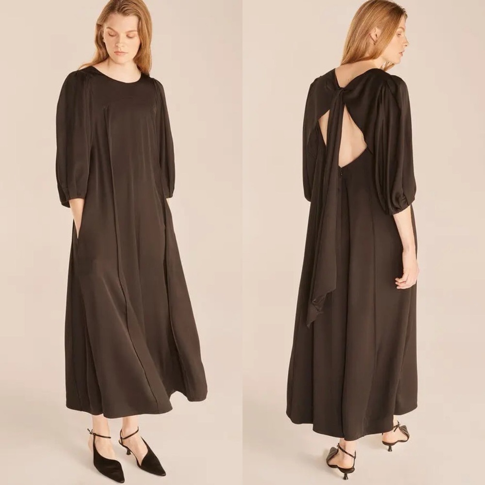 Rebecca Taylor Black Satin Open Back 3/4 Sleeve Tie Bow Midi Dress $565 Size S